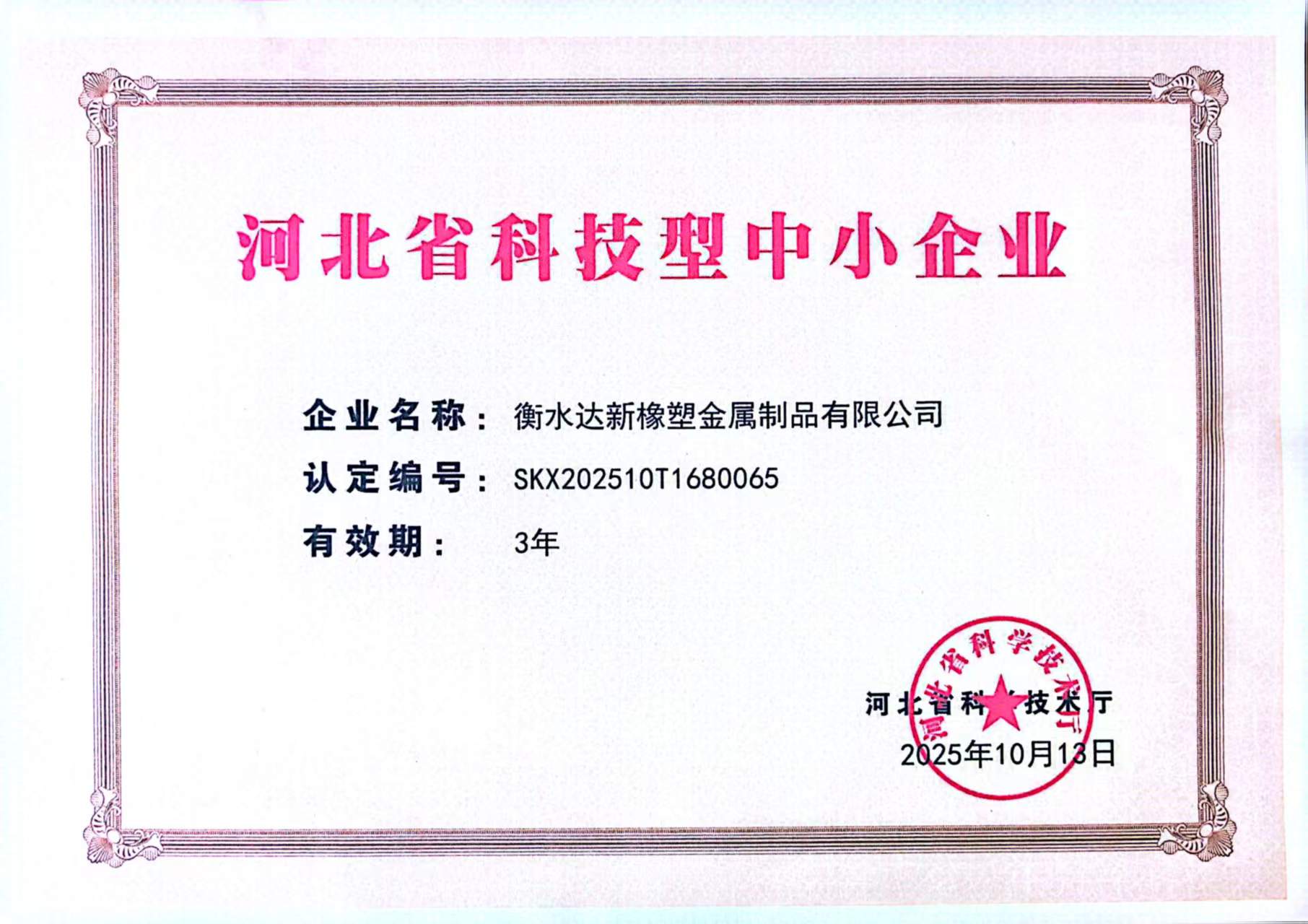 河北科技型中小企业资质  衡水达新橡塑金属制品有限公司